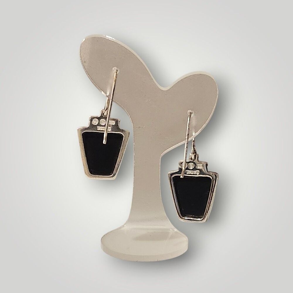 Vintage SU 925 Sterling Silver Onyx Inlay Dangle Pierced Hook Earrings 6g - Picture 4 of 8